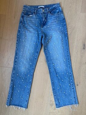 Zara Blue Straight-Leg Jeans with Pearl Studs